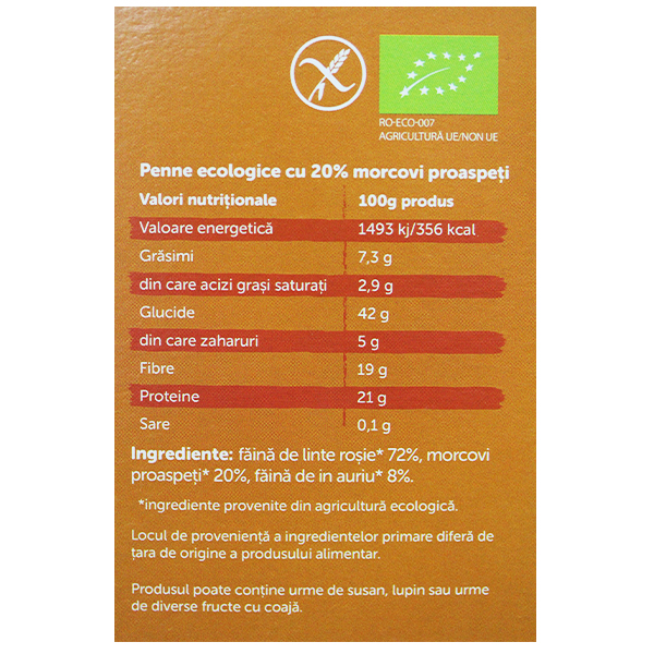 Paste penne cu 20% morcovi proaspeti si in auriu (fara gluten) BIO Petras Bio - 200 g