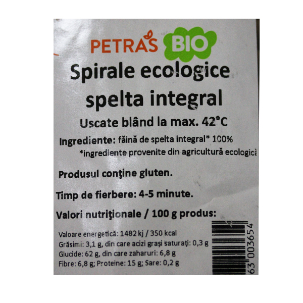 Paste spirale spelt integral BIO Petras Bio - 400 g