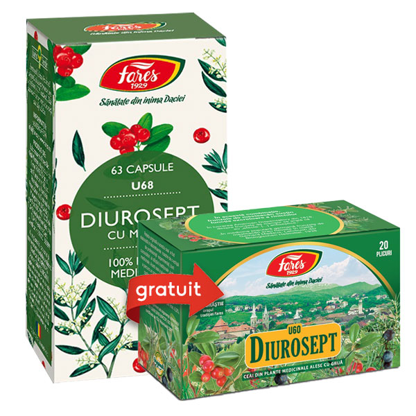 Pachet Diurosept cu merisor 63 capsule + Ceai diurosept (20 pliculete) gratis Fares