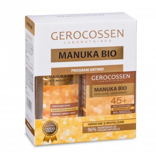 Caseta Cadou Manuka BIO - Crema antirid riduri formate (45+) - 50 ml si Apa micelara - 300 ml Gerocossen