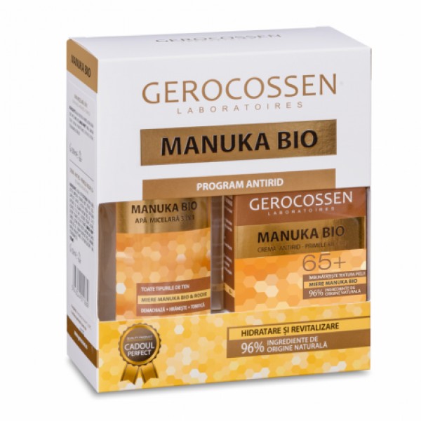 Caseta Cadou Manuka BIO - Crema antirid reparatoare (65+) - 50 ml si Apa micelara - 300 ml Gerocossen