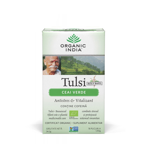 Ceai verde Tulsi (busuioc sfant) plicuri (fara gluten) BIO Organic India - 32.4 g