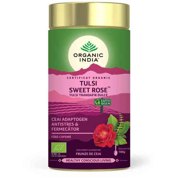 Ceai Tulsi (Busuioc Sfant) Trandafir Dulce (fara gluten) BIO Organic India - 100 g