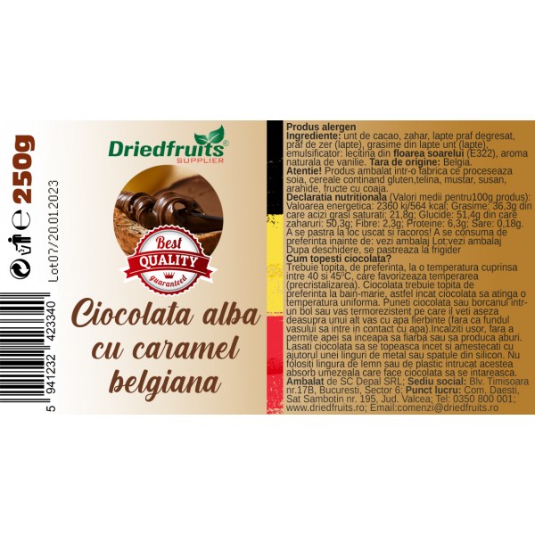 Ciocolata alba belgiana cu caramel (banuti) - 250 g
