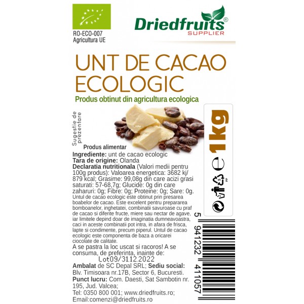 Unt cacao alimentar dezodorizat BIO - 1 kg