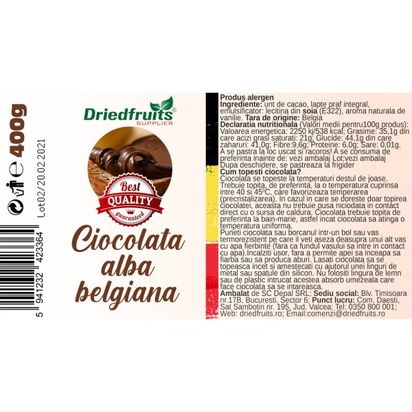 Ciocolata alba belgiana (borcan) Driedfruits - 400 g