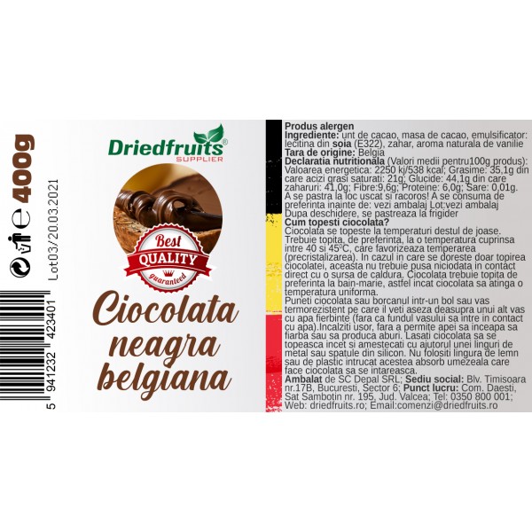 Ciocolata neagra belgiana (borcan) Driedfruits - 400 g