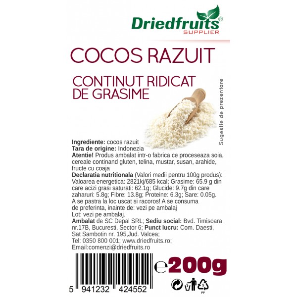 Cocos razuit (continut ridicat de grasime) Driedfruits - 200 g