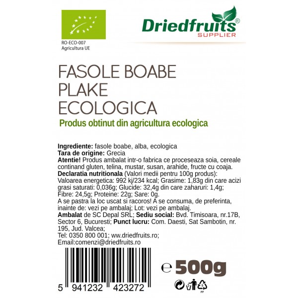Fasole alba Plake (bob mare) Grecia BIO Driedfruits - 500 g