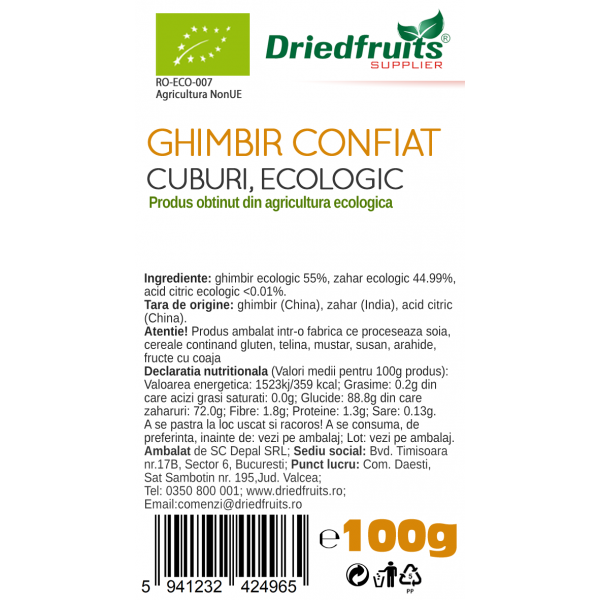 Ghimbir confiat cuburi BIO Driedfruits - 100 g
