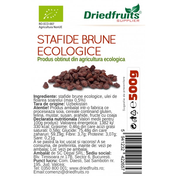 Stafide brune deshidratate BIO Driedfruits - 500 g