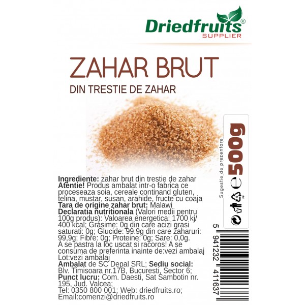 Zahar brut (din trestie de zahar) Driedfruits - 500 g x 2 Buc (PROMO - 15%)