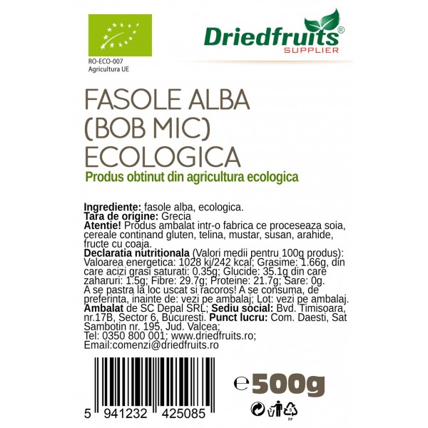 Fasole alba (bob mic) Grecia BIO Driedfruits - 500 g