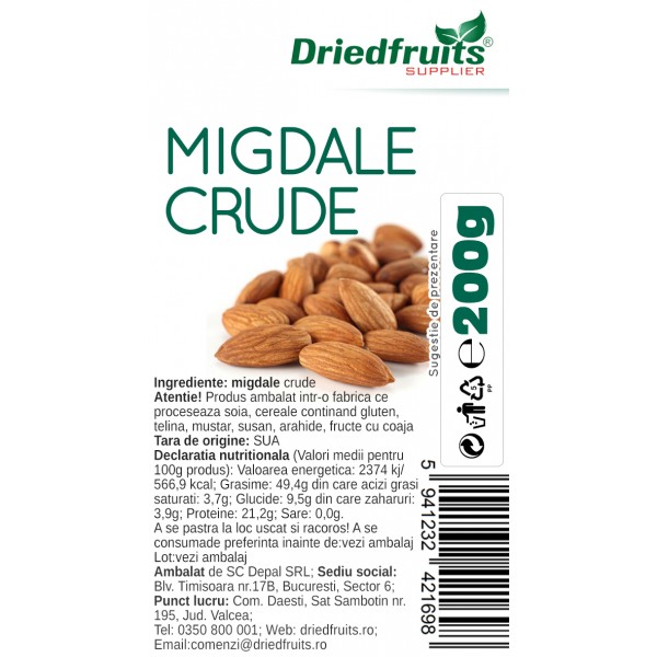 Migdale crude calitatea I California Supreme Driedfruits - 200 g