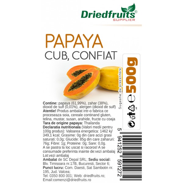 Papaya confiata cuburi Driedfruits - 500 g