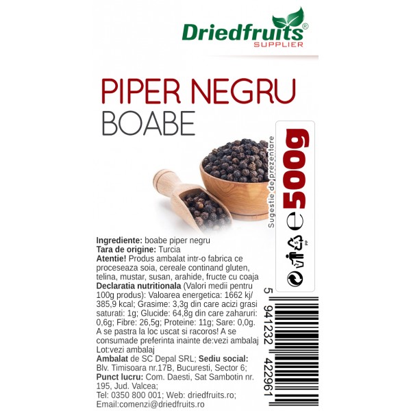 Piper negru boabe Driedfruits - 500 g