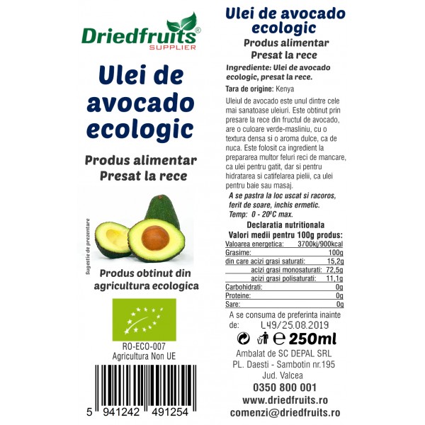 Ulei avocado alimentar BIO Driedfruits - 250 ml