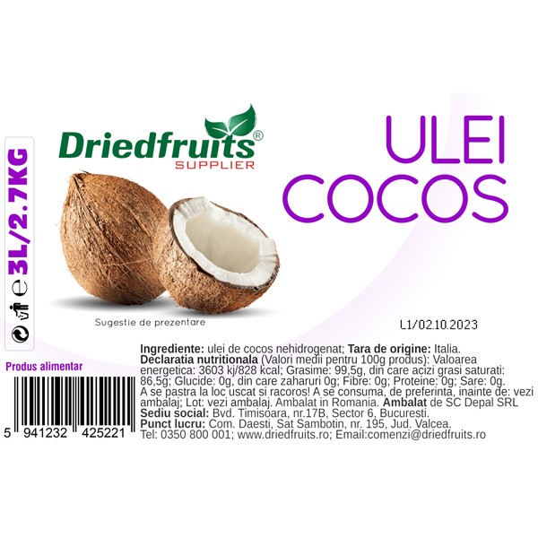 Ulei cocos pentru gatit Driedfruits - 2.7 kg