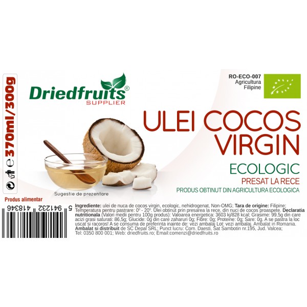 Ulei cocos virgin BIO (presat la rece) Driedfruits - 370 ml/300 g