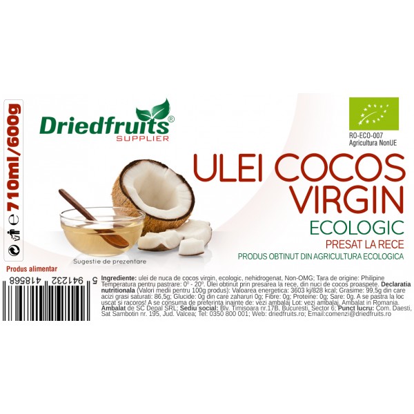 Ulei cocos virgin BIO (presat la rece) Driedfruits - 600 g