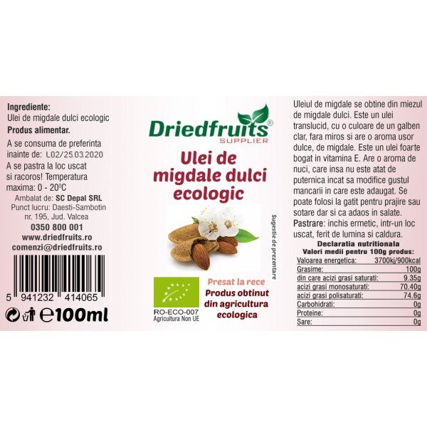 Ulei migdale dulci alimentar BIO Driedfruits - 100 ml