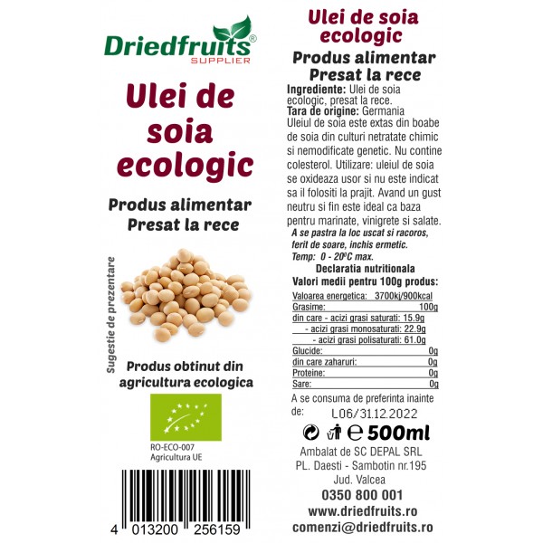 Ulei soia alimentar BIO Driedfruits - 500 ml
