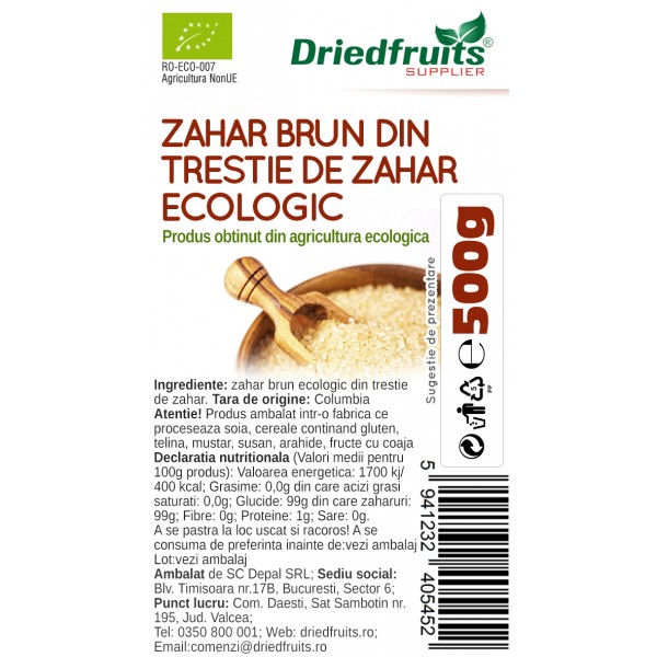 Zahar brun (light) BIO (din trestie de zahar) Driedfruits - 500 g