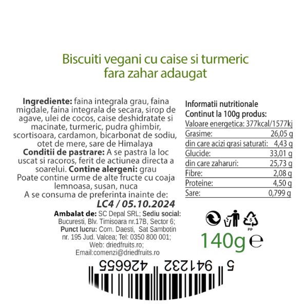 Biscuiti vegani cu caise si turmeric (fara zahar) Driedfruits - 140 g