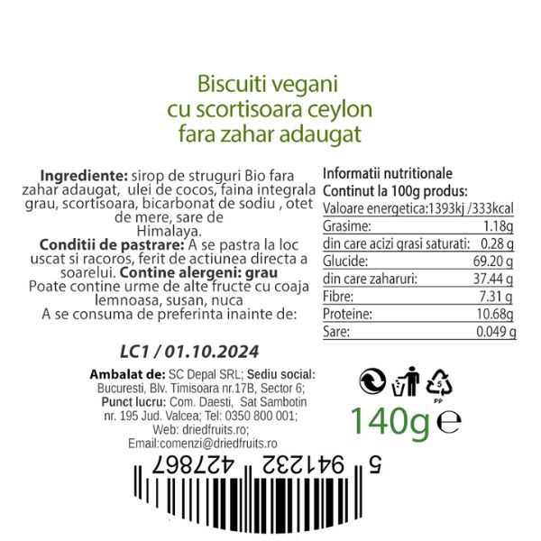Biscuiti vegani cu scortisoara Ceylon (fara zahar) Driedfruits - 140 g