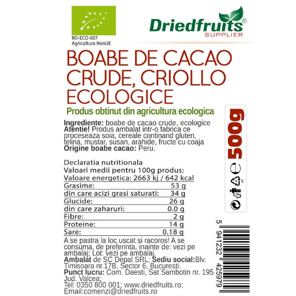 Boabe cacao Criollo BIO Driedfruits - 500 g