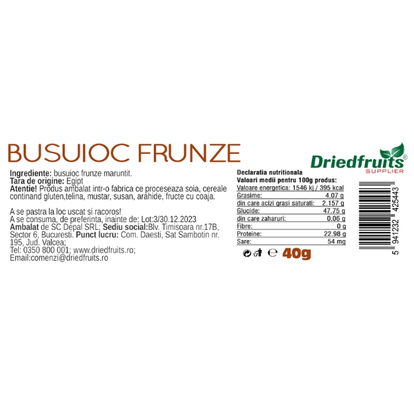 Busuioc frunze (borcan) Driedfruits - 40 g