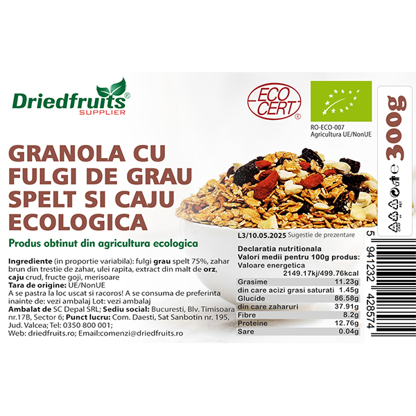 Granola cu fulgi de grau spelt si caju BIO Driedfruits - 300 g