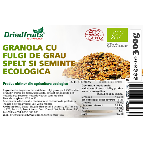 Granola cu fulgi de grau spelt si seminte BIO Driedfruits - 300 g