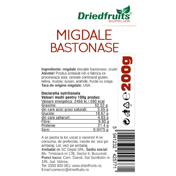 Migdale crude bastonase Driedfruits - 200 g