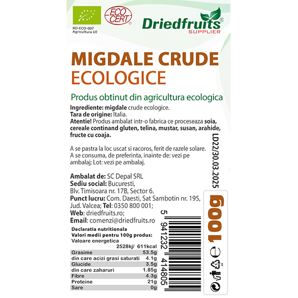 Migdale crude BIO Driedfruits - 100 g