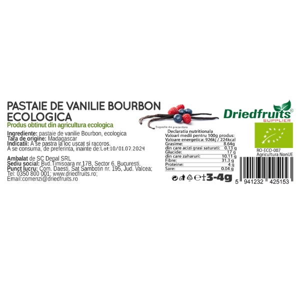 Pastai de vanilie Bourbon BIO Driedfruits - 1 bucata