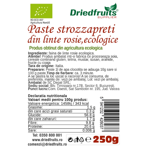Paste din linte rosie (strozzapreti) BIO Driedfruits - 250 g
