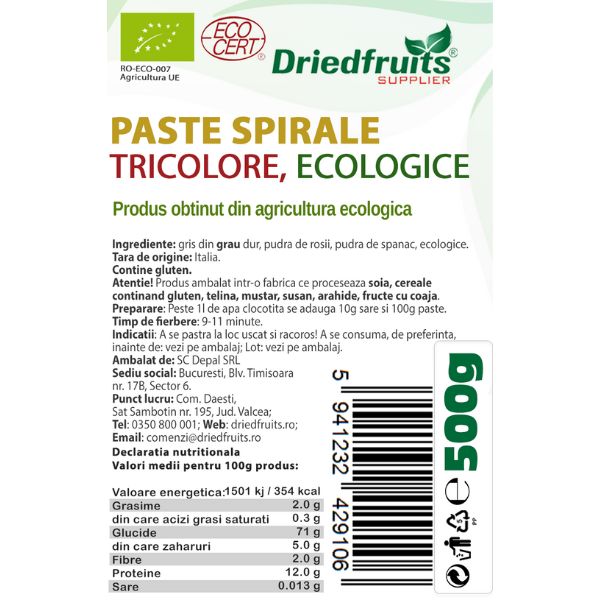 Paste spirale tricolore BIO Driedfruits - 500 g