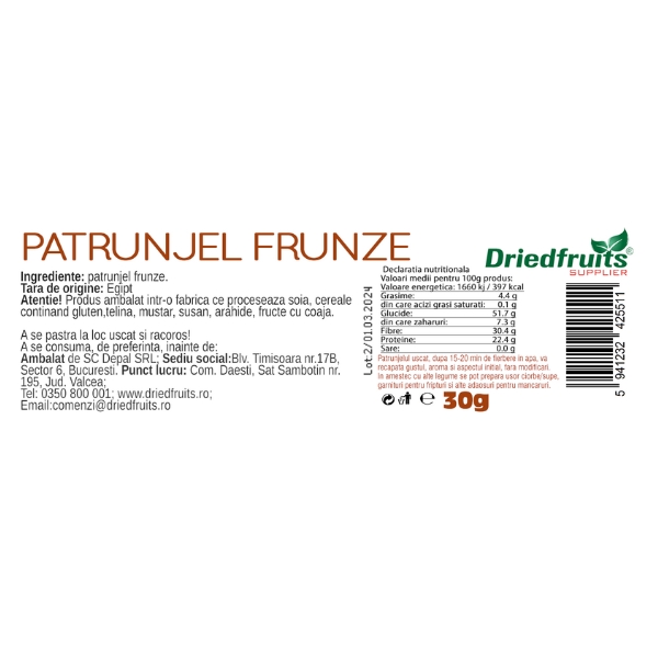 Patrunjel frunze uscat (borcan) Driedfruits - 30 g