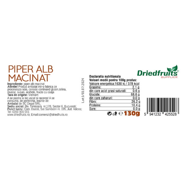 Piper alb macinat (borcan) Driedfruits - 130 g