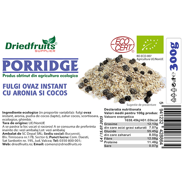 Porridge fulgi ovaz instant cu aronia si cocos BIO Driedfruits - 300 g