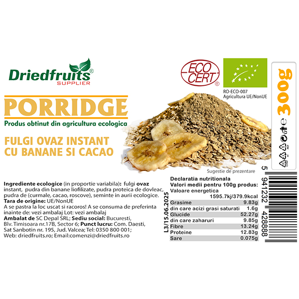 Porridge fulgi ovaz instant cu banane si cacao BIO Driedfruits - 300 g