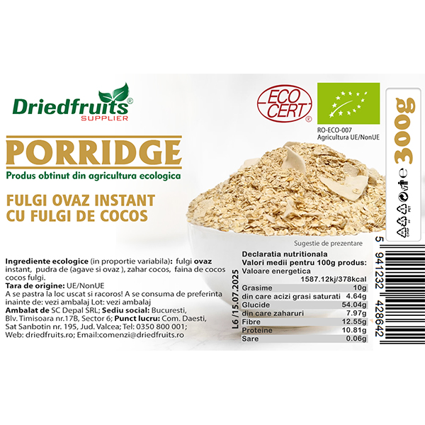 Porridge fulgi ovaz instant cu fulgi cocos BIO Driedfruits - 300 g