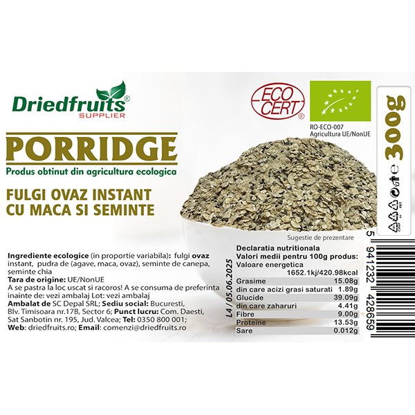 Porridge fulgi ovaz instant cu maca si seminte BIO Driedfruits - 300 g