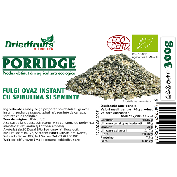 Porridge fulgi ovaz instant cu spirulina si seminte BIO Driedfruits - 300 g