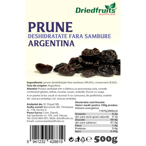 Prune uscate fara samburi Argentina (fara zahar) Driedfruits - 500 g