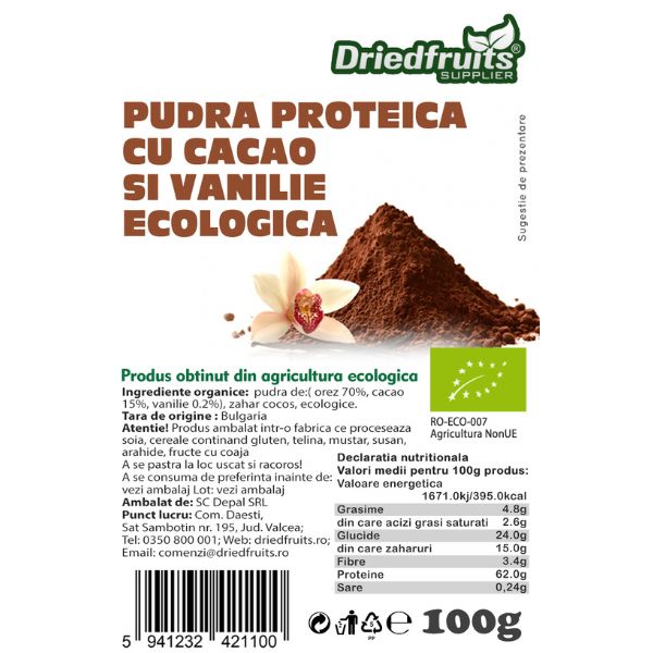 Pudra proteica cu cacao si vanilie BIO Driedfruits - 100 g