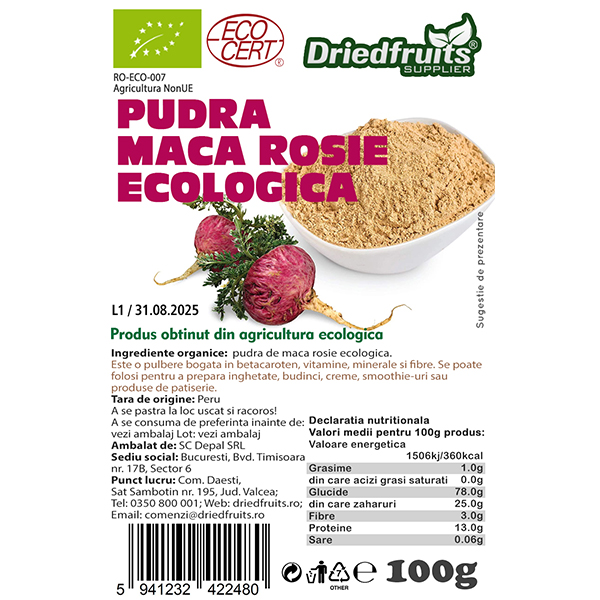 Maca rosie pudra BIO Driedfruits - 100 g