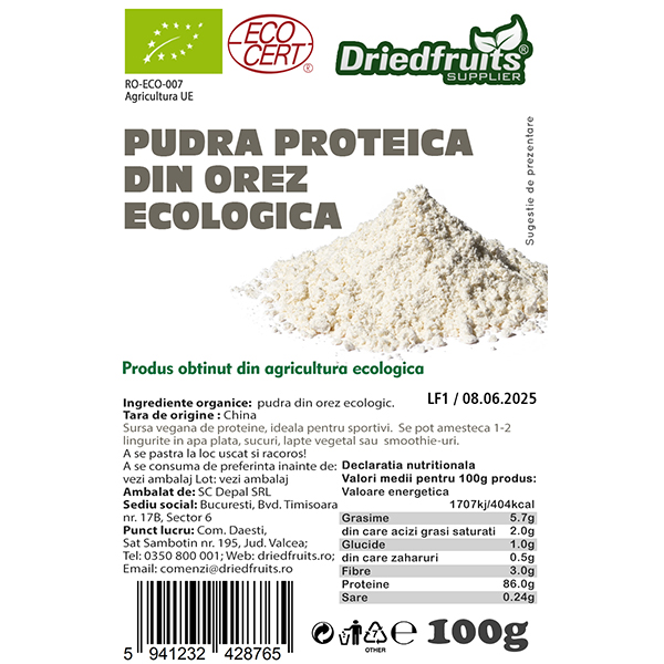 Pudra proteica din orez BIO Driedfruits - 100 g