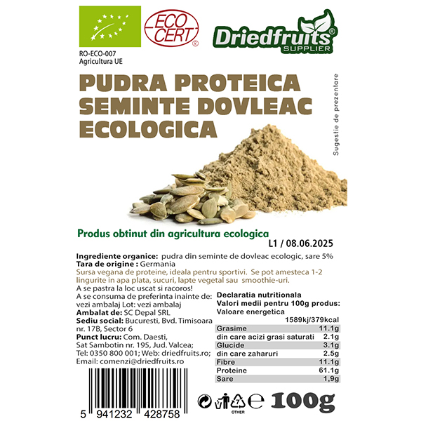Pudra proteica din seminte de dovleac BIO Driedfruits - 100 g